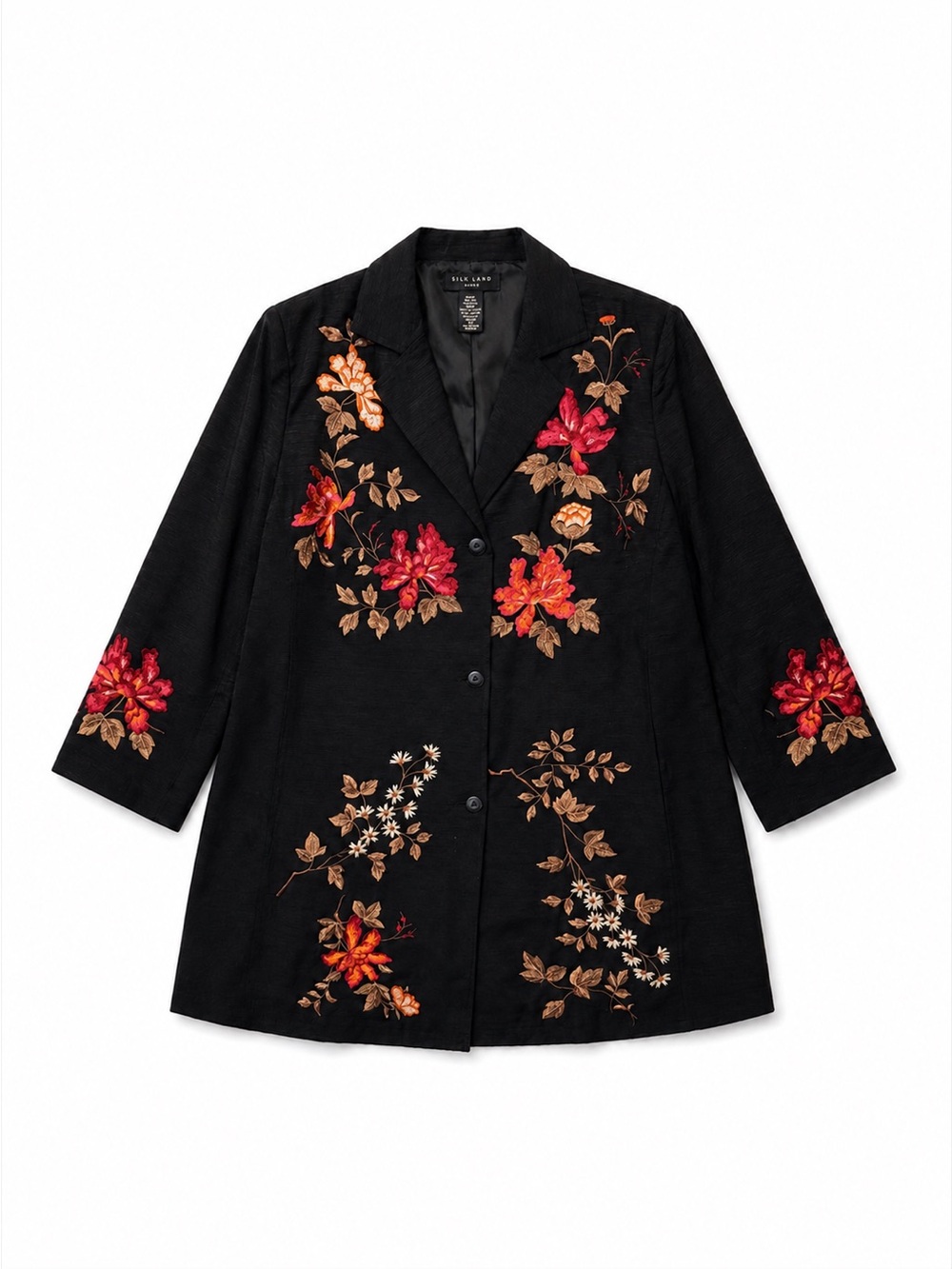 Silk Land 1X Black Silk Floral Embroidered Longline Blazer Jacket